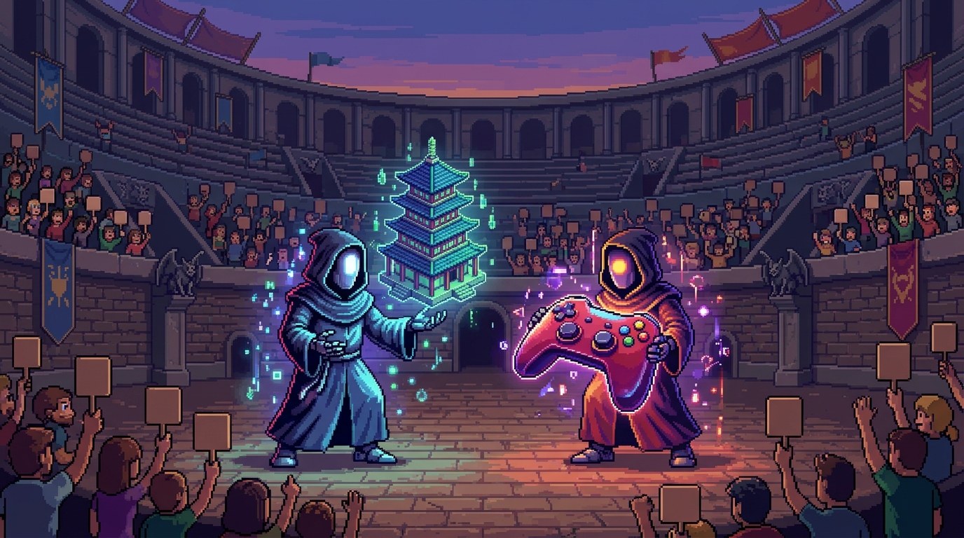 Pixel art arena where two hooded robot champions face off, one holding a glowing pagoda and the other a games controller, watched by a voting crowd