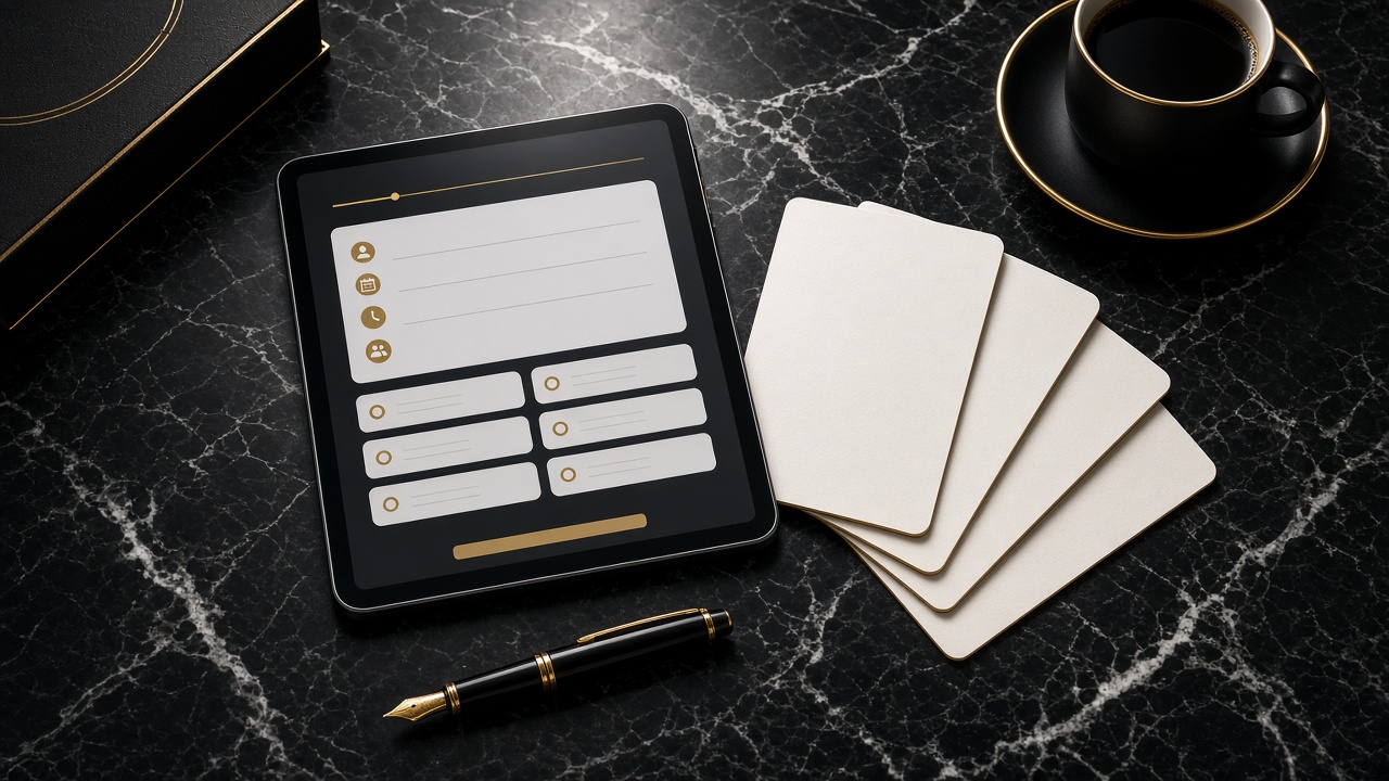 Tablet showing a discovery-call booking form on a black marble desk with pen and cards