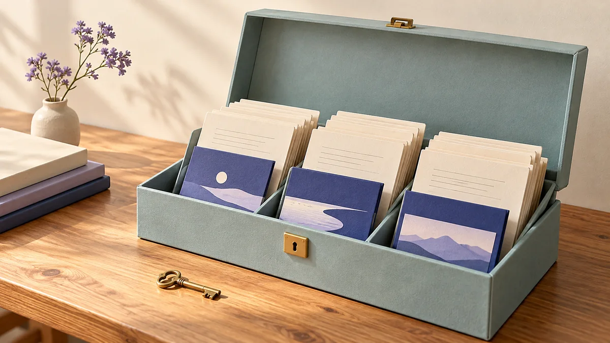 An open archive case holds manuscript pages and finished cards beside a brass key.