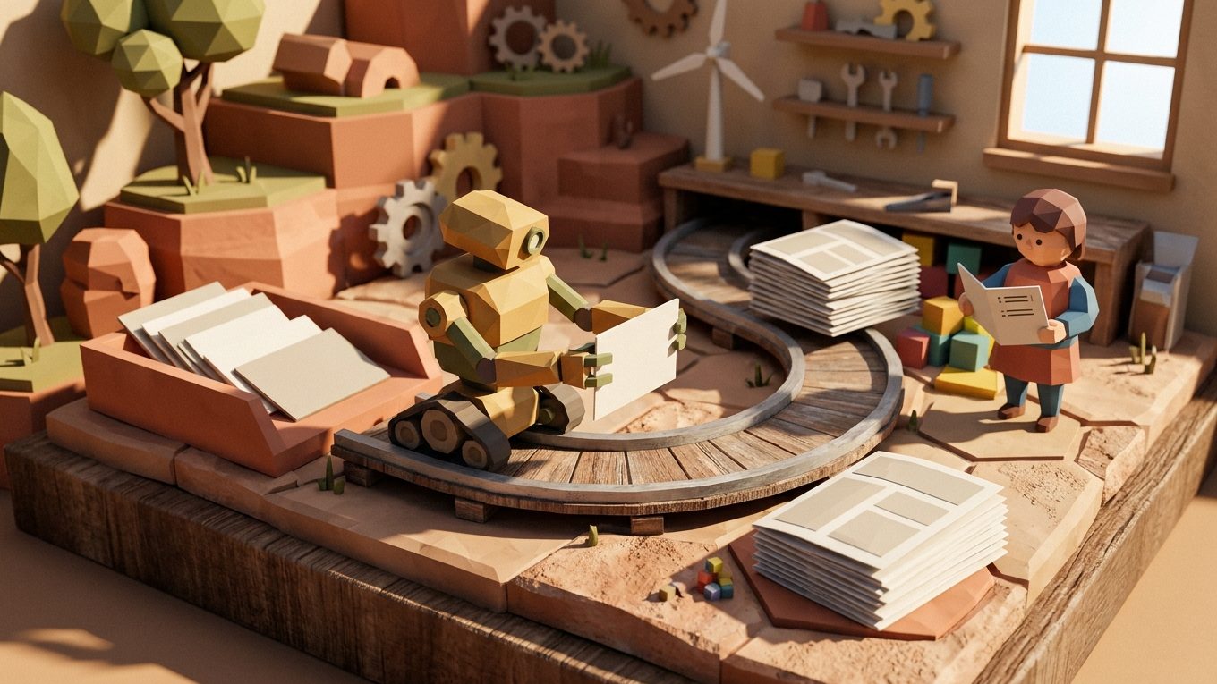 A low-poly robot carries a blank campaign card along a track while a person reviews instructions.