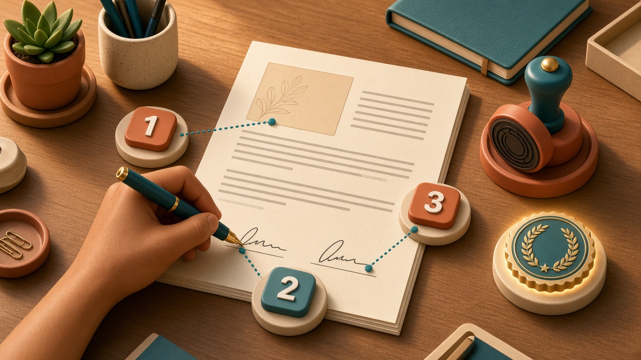Isometric desk scene with an agreement being signed, signature step markers, a stamp and a completion seal