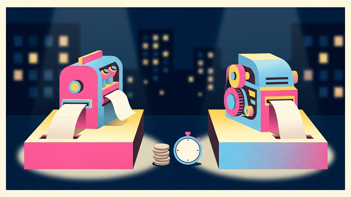Two model engines receive matching task cards at identical test stations beside coins and a timer, representing a fair comparison of cost, speed and output quality.