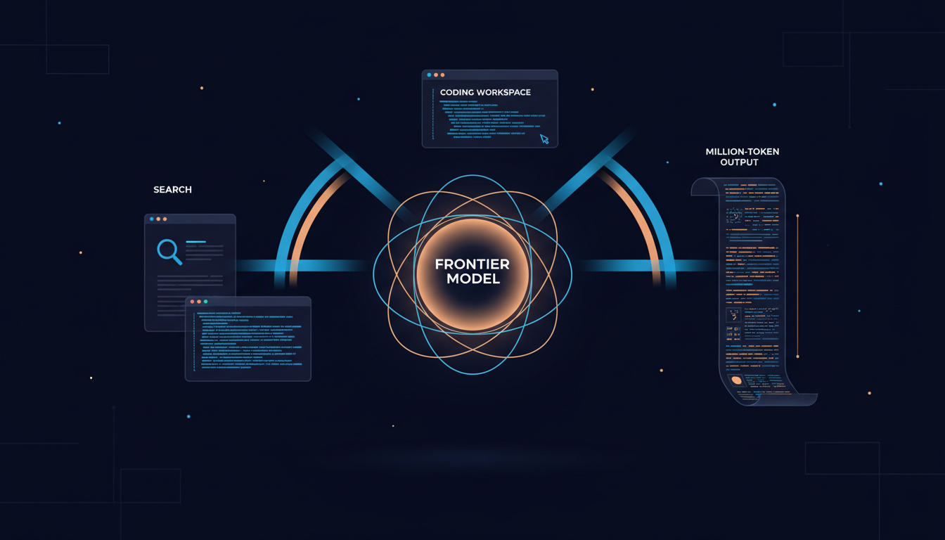 Abstract editorial illustration of Gemini 4 Argon as a glowing multi-orbit AI core linked to Search, coding and long-form output panels