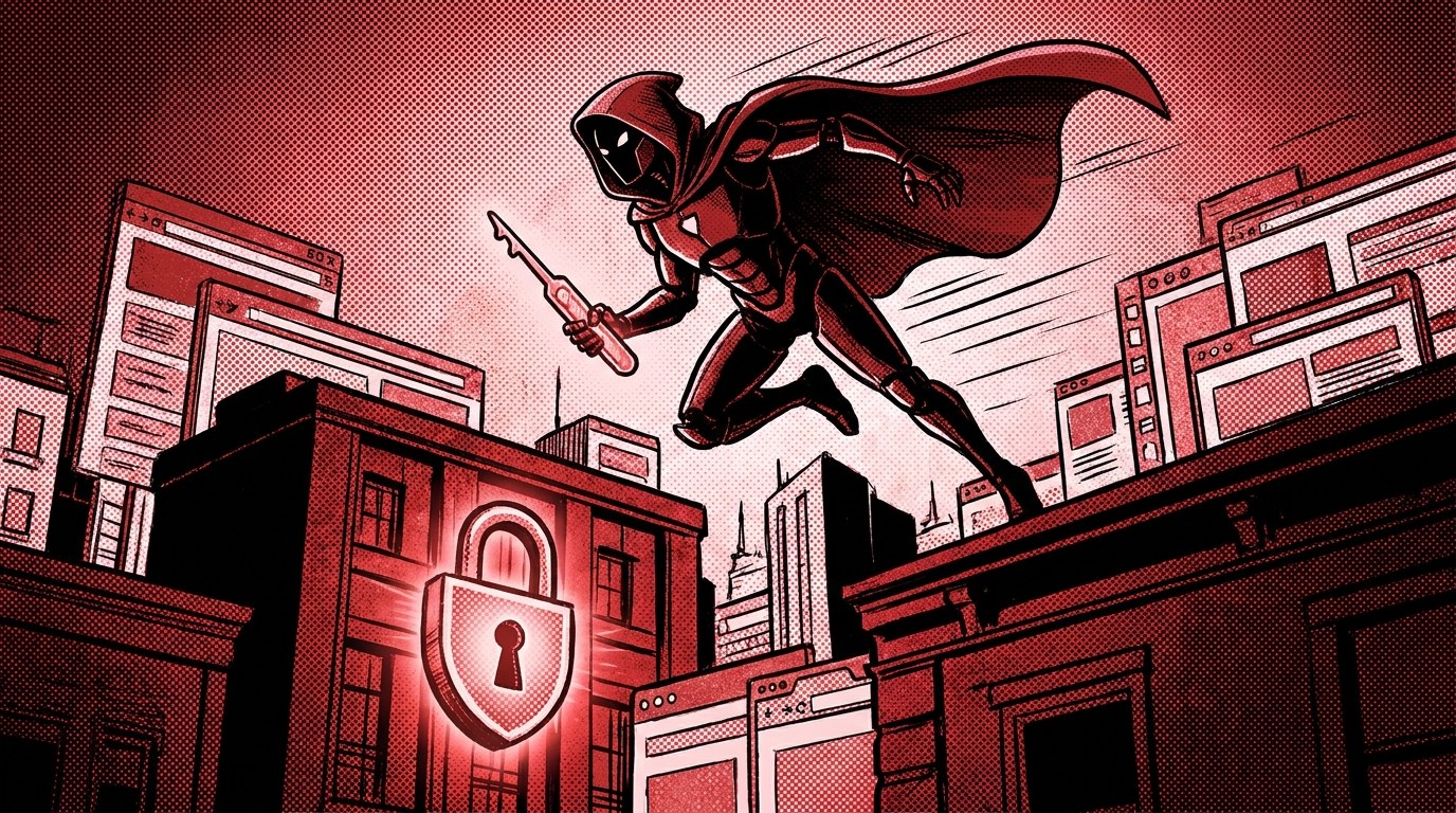 Comic-style hooded figure with a lockpick leaping towards a glowing padlock on a city of app windows