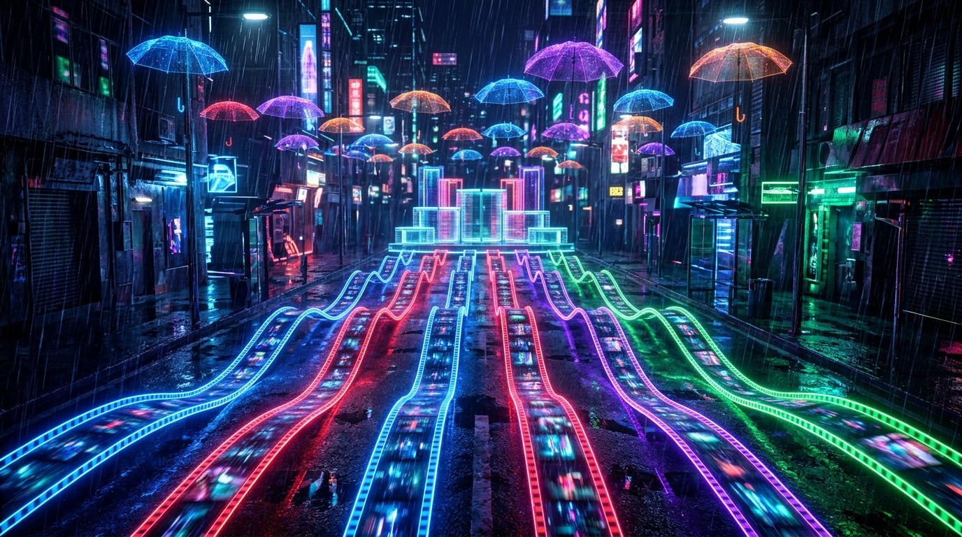 Eight glowing neon film strips racing down a rain-soaked city street at night towards a glass podium, representing AI video models competing on one prompt.
