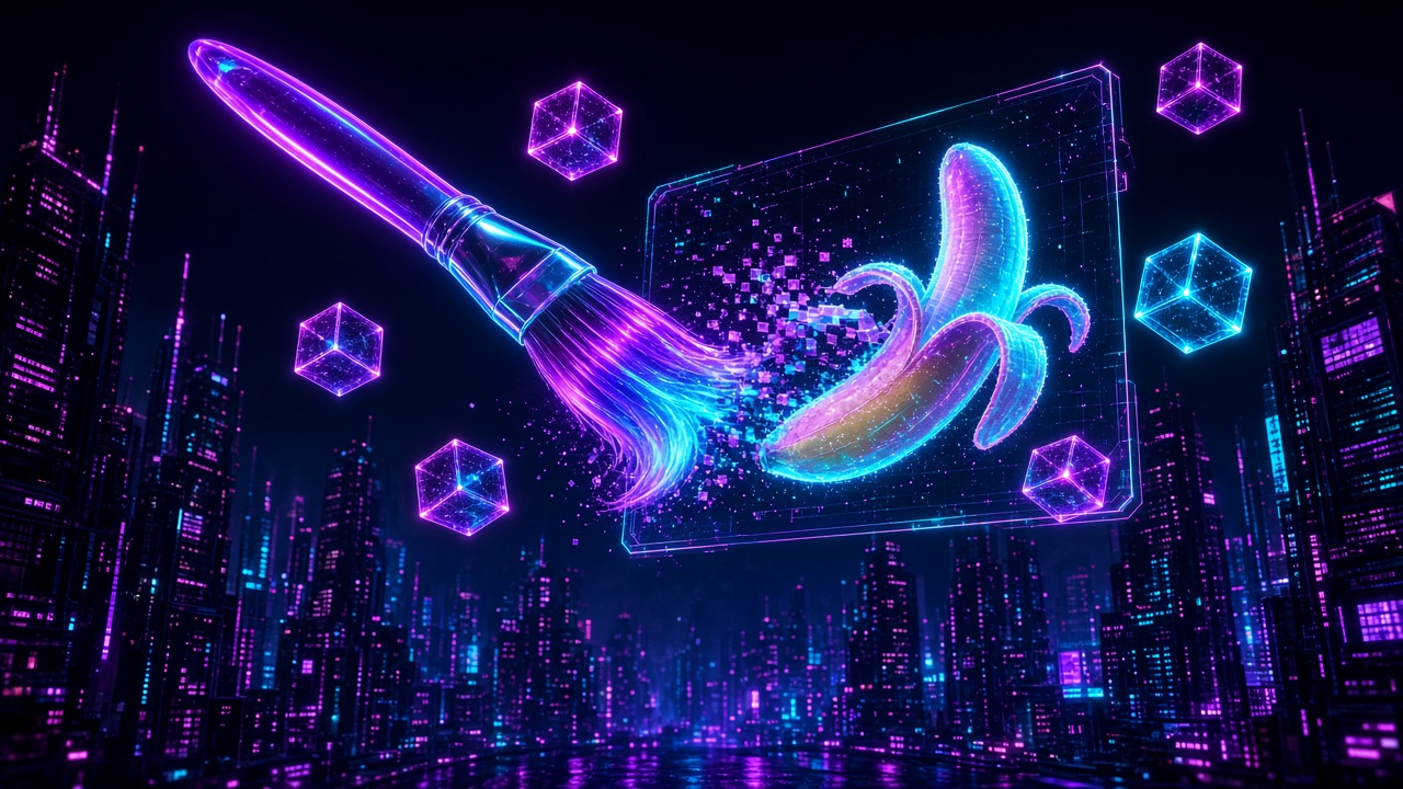 Neon paintbrush editing a glowing holographic image over a cyberpunk cityscape