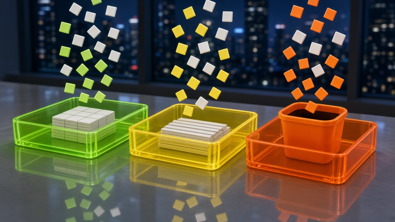 Blank keyword tiles floating above three glowing trays in lime, yellow and orange, sorted into a page stack, a section stack and a skip bin