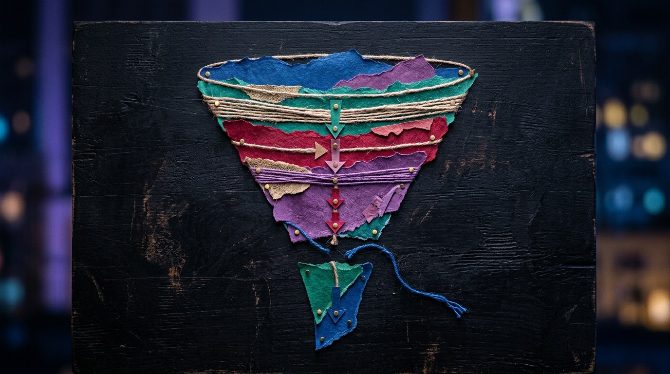 A mixed-media collage of torn paper and string forming a funnel diagram on a dark board, with one string end left unconnected.