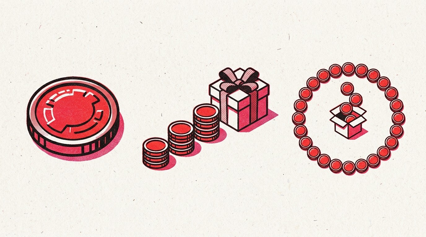 Risograph-style illustration of a single coin, three coin stacks leading to a gift box, and a ring of coins around a refilling box, showing three ways to pay.