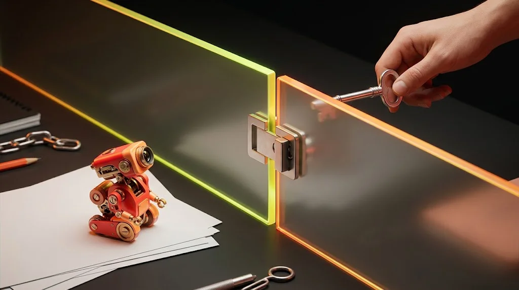 A small mechanical helper waits beside a translucent locked gate while a human holds the key.