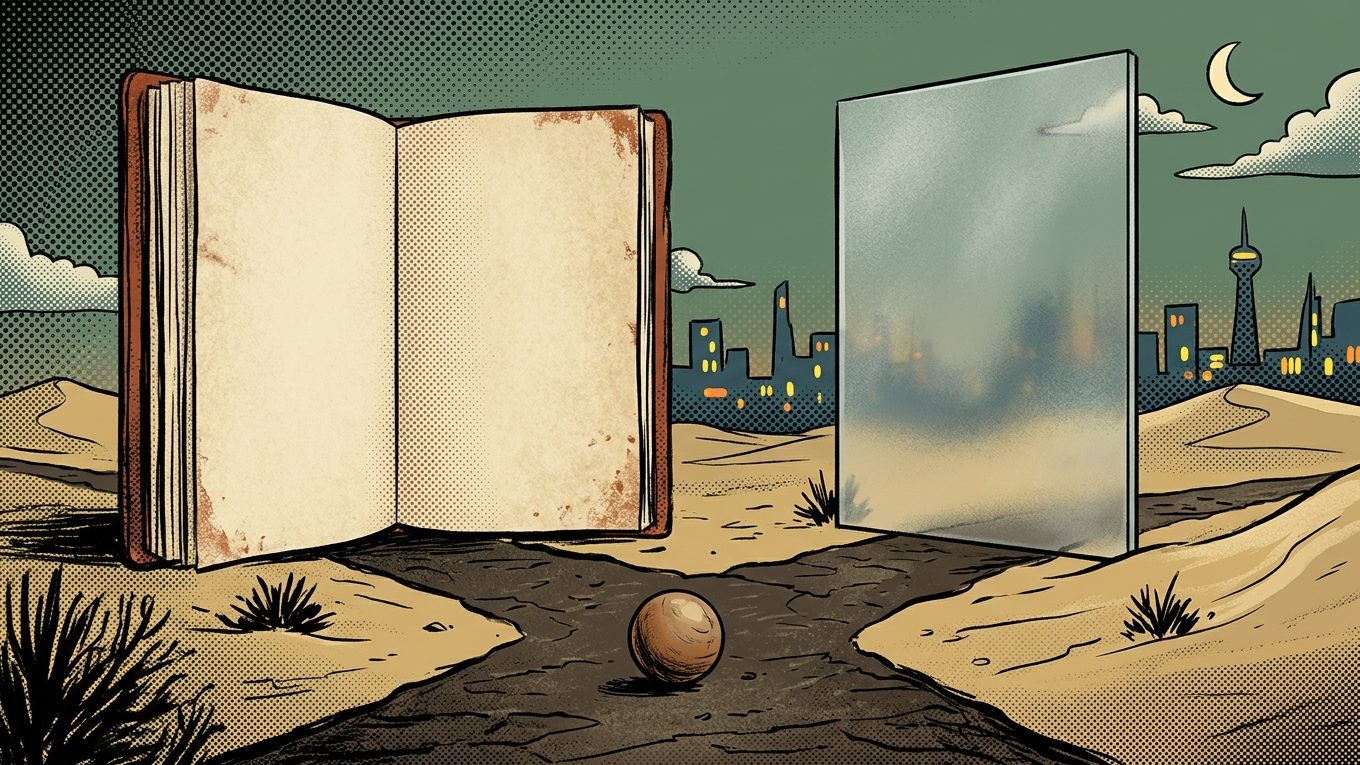 A blank notebook and plain glass slab frame two paths around a small ball.