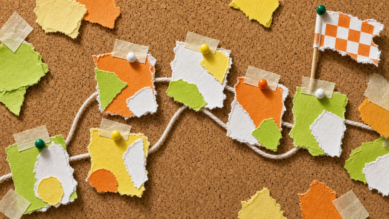 Paper collage of deal cards pinned along a string path towards a finish flag
