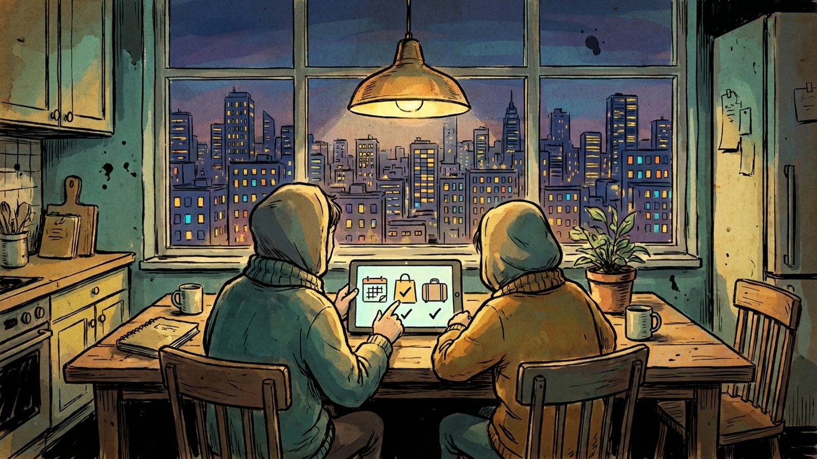 Ink and wash illustration of two people at a kitchen table in the evening, one pointing at a tablet showing calendar, shopping and travel icons, as they try an AI agent together.