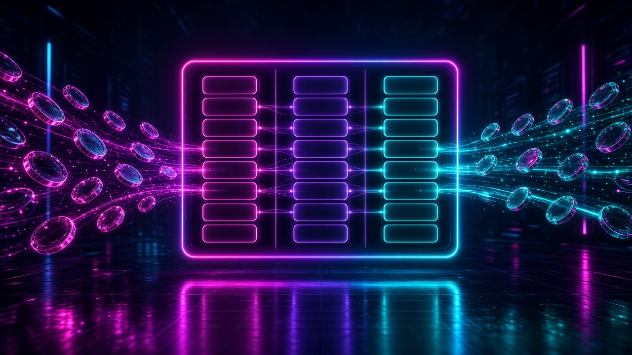 Neon three-column ledger with coins flowing in and out and matching entries linked