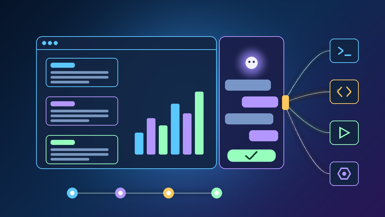 Abstract illustration of the Scale.gg AI agent: a sidecar assistant panel beside a marketing workspace, plugged into desktop agent tools, with an approve button