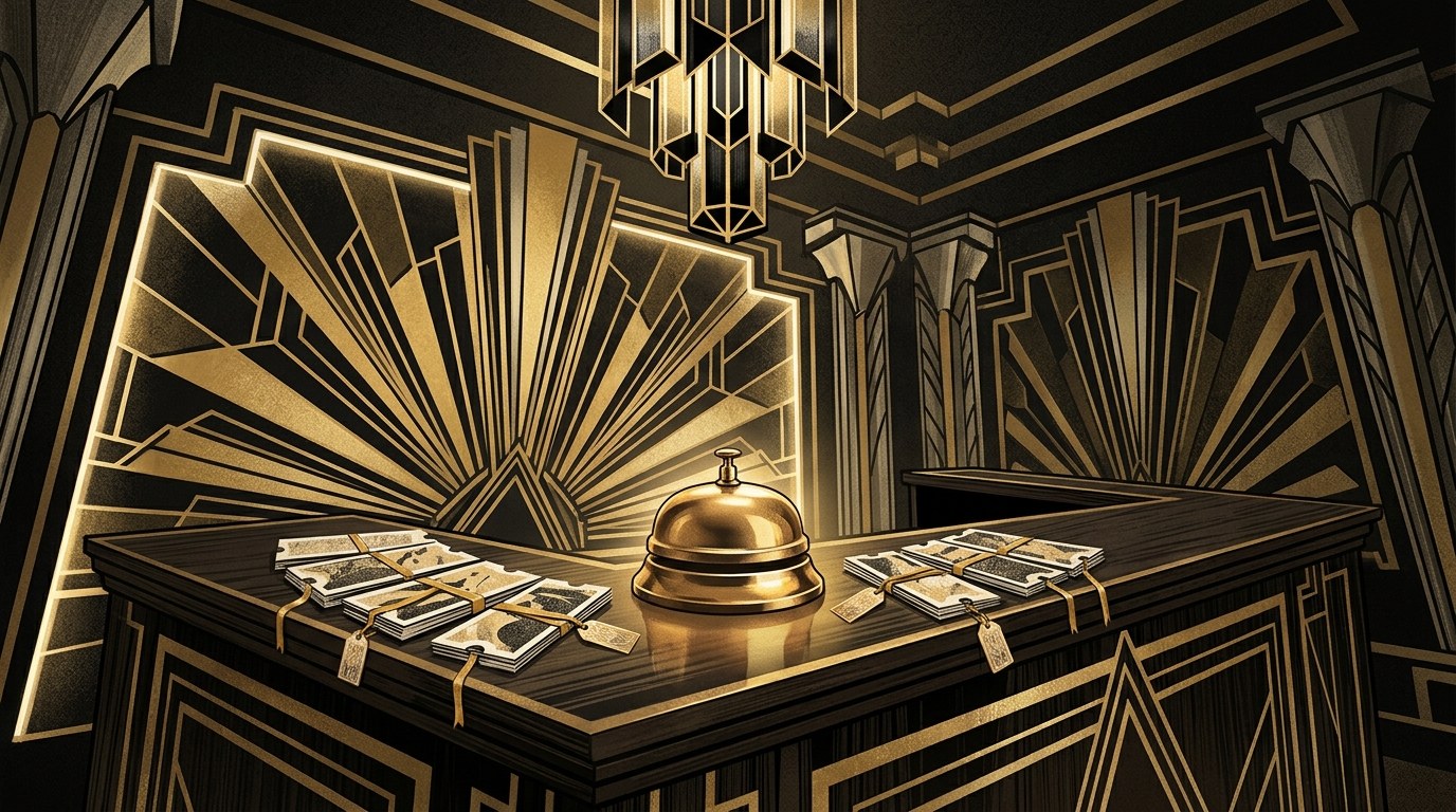 An art deco reception desk with a brass service bell and neatly tagged tickets, representing a help desk where every customer question has an owner.