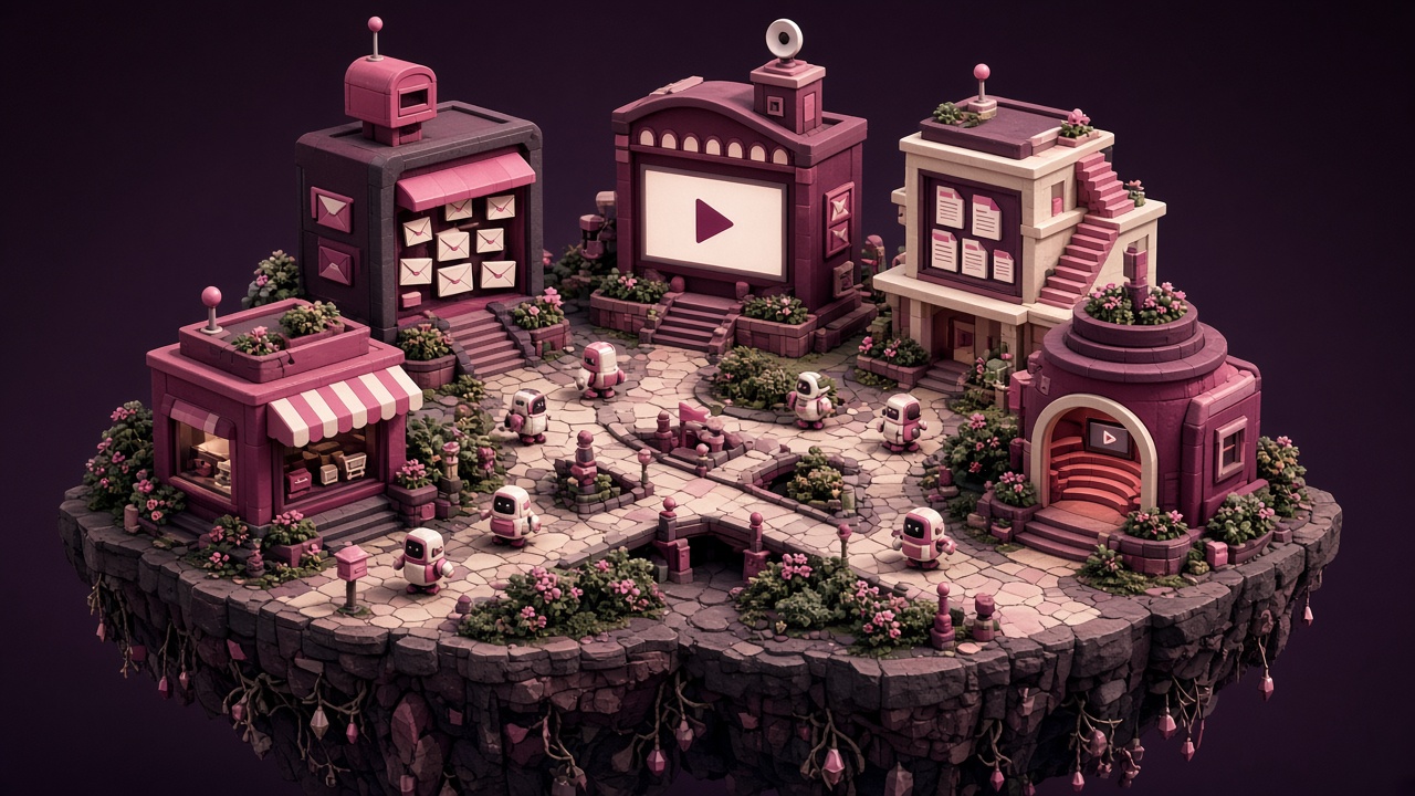 Isometric miniature marketing town with buildings for email, store, video and courses and small robot agents