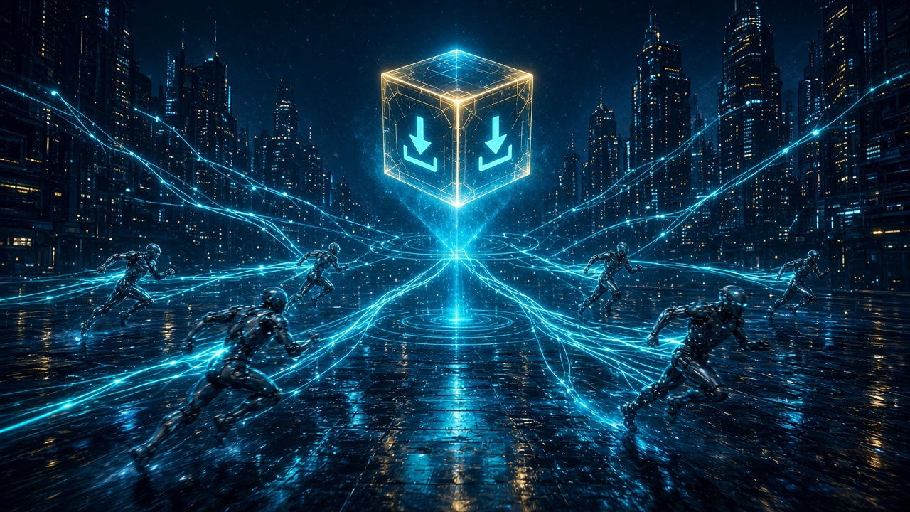 Neon night city scene with a glowing digital product cube sending light-trail links outward through faceless chrome runners, showing a product spread by affiliates