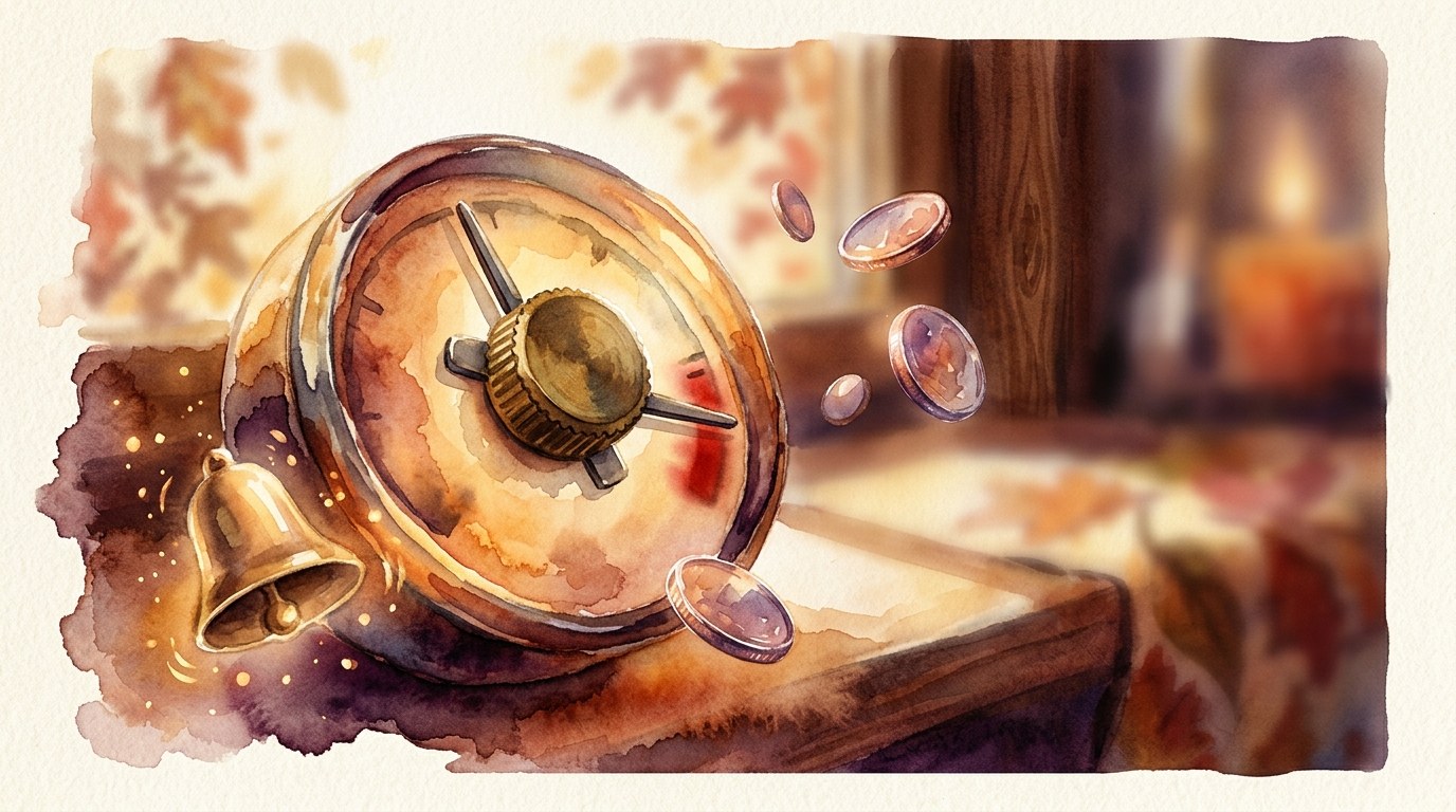 Watercolour of a gauge with a brass cap locking the needle before the red zone, a small alert bell and floating coins