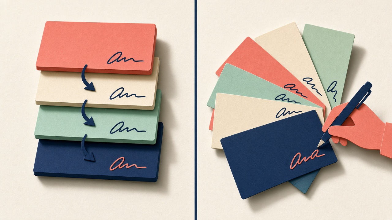 Paper cut-out documents, one stack signed in sequence with arrows and another group fanned out to sign at the same time
