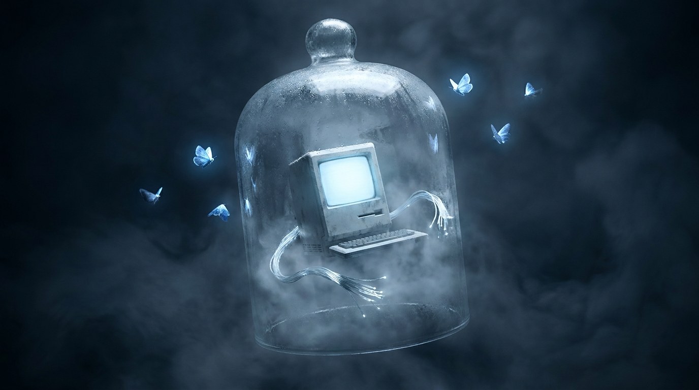 Stop Ai Agent Sending Data Online - Prodify Digital Surreal image of a computer sealed under a glass bell jar with cut network cables, moths gathering outside in cold blue light