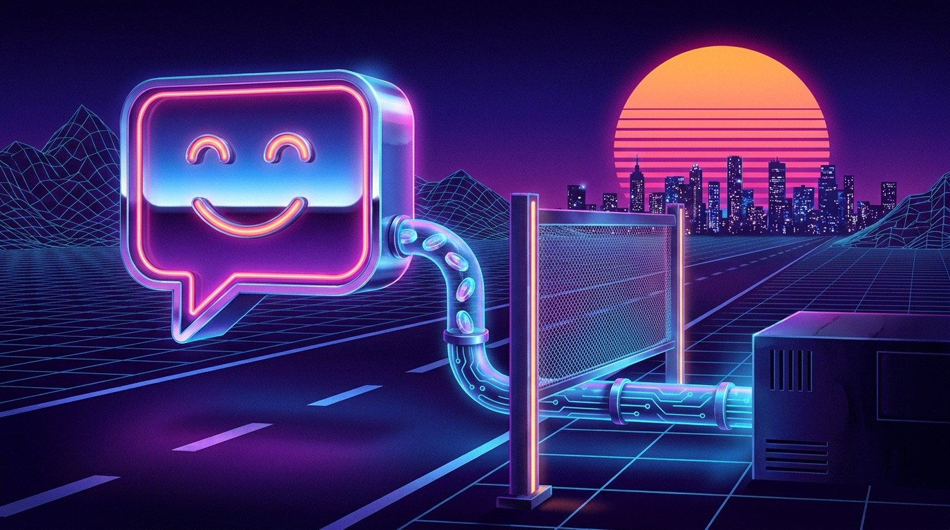 Synthwave scene of a neon chatbot speech bubble with a pipe running through a filter gate