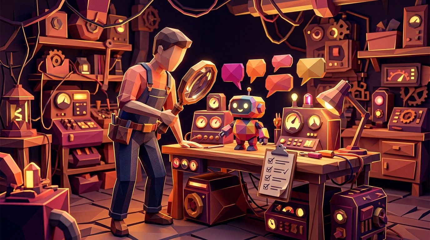 A low-poly workshop scene where a person checks a small chatbot robot with a magnifying glass and a checklist, representing testing a chatbot before customers use it.