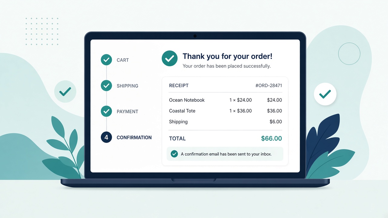 Checkout screen with a test-purchase checklist and receipt