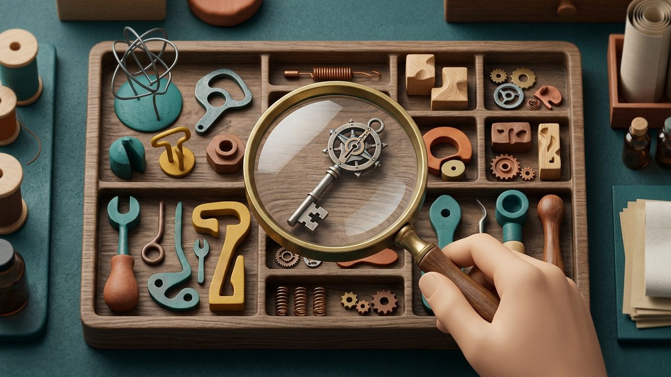 A magnifying glass highlights one small key among varied abstract tools.