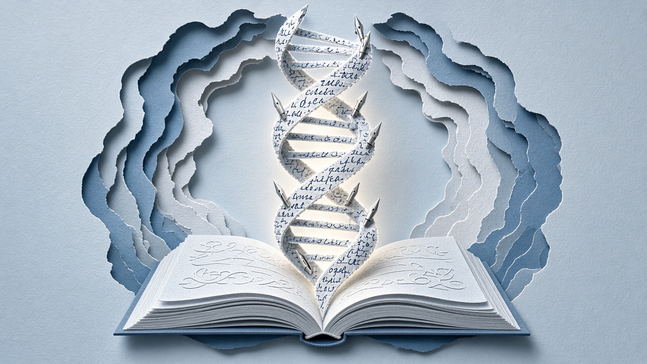 Paper cut-out DNA helix made of handwriting and pen nibs rising from an open book