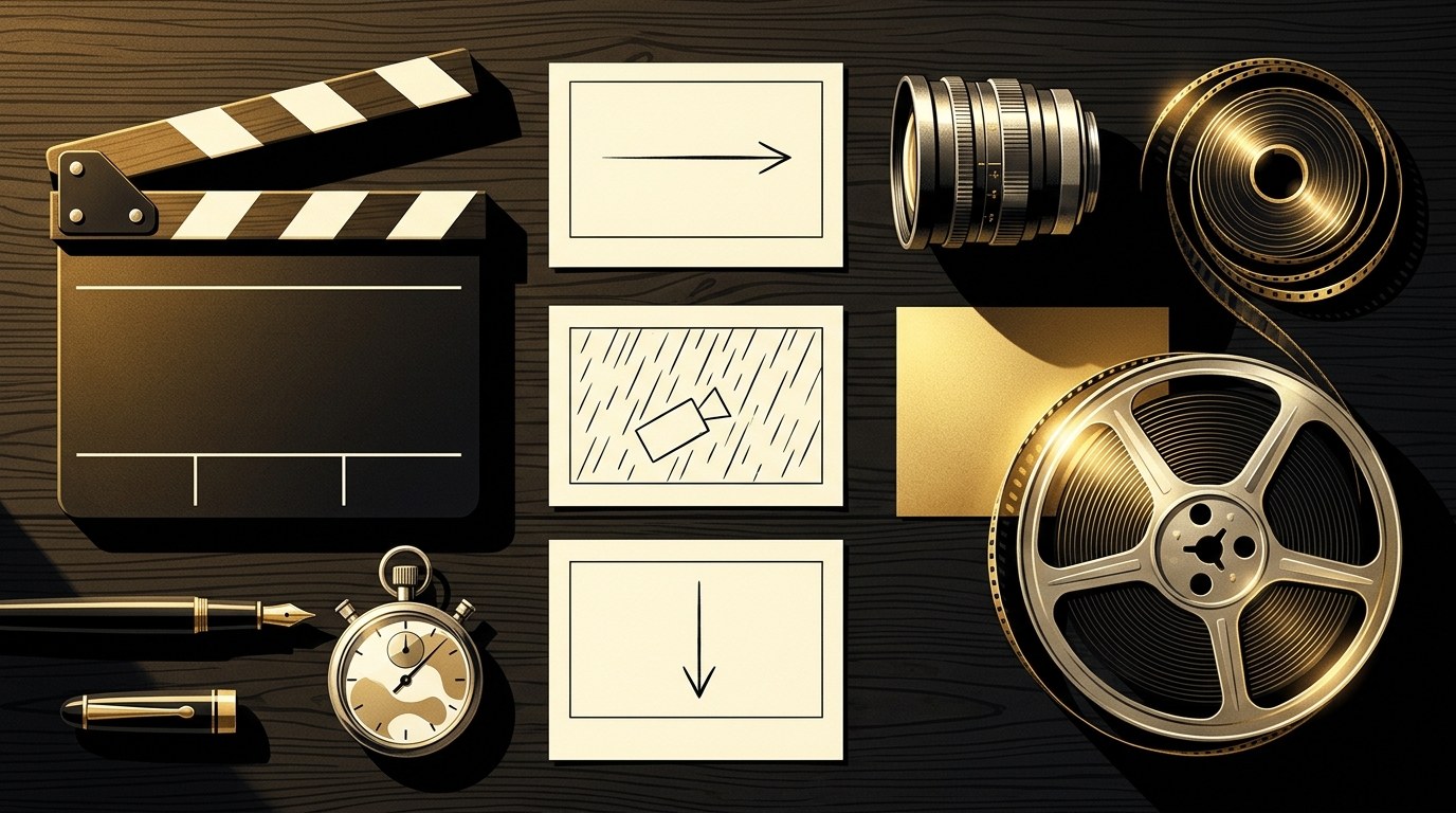 Overhead view of a director's planning table with a clapperboard, storyboard cards showing camera arrows, a lens and a film reel, representing planning an AI video prompt.